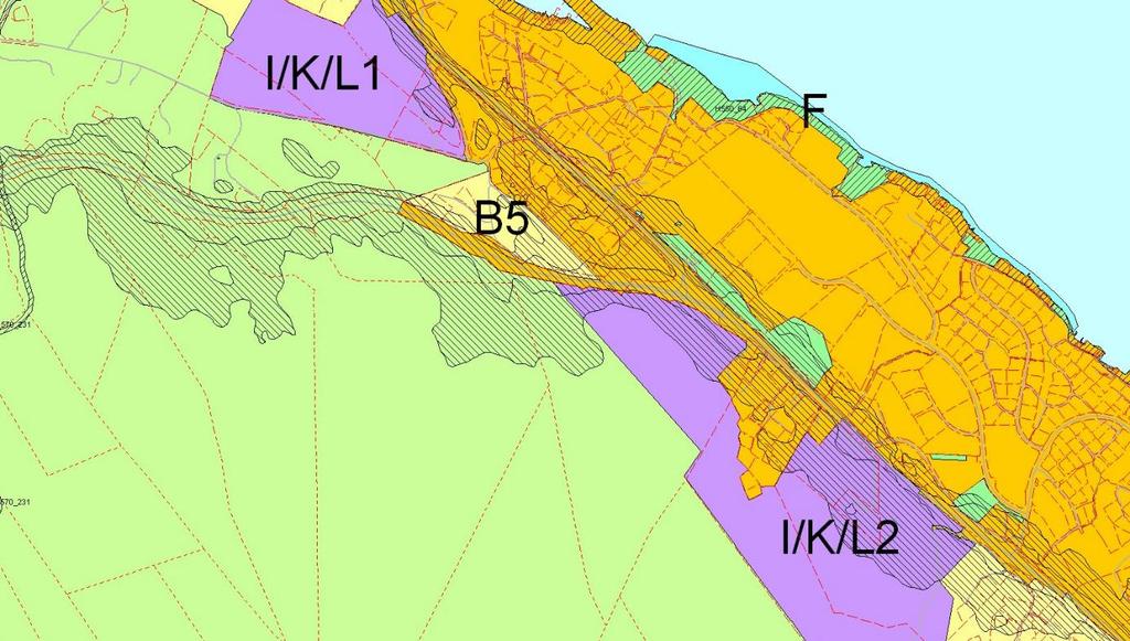 Forholdet til eksisterende kommuneplan Området er i gjeldende kommuneplan avsatt som LNF, og ligger delvis innenfor støysone for E39.