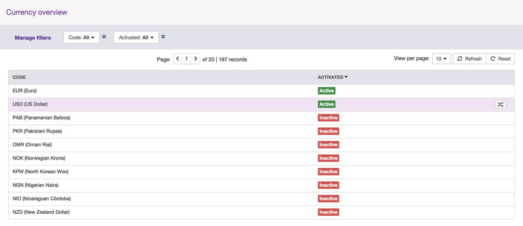 MANAGE CURRENCIES You have 190 currencies available in the Akeneo PIM. The currency are used to set values for the Price attribute type. Currencies are available for all products in Akeneo PIM.