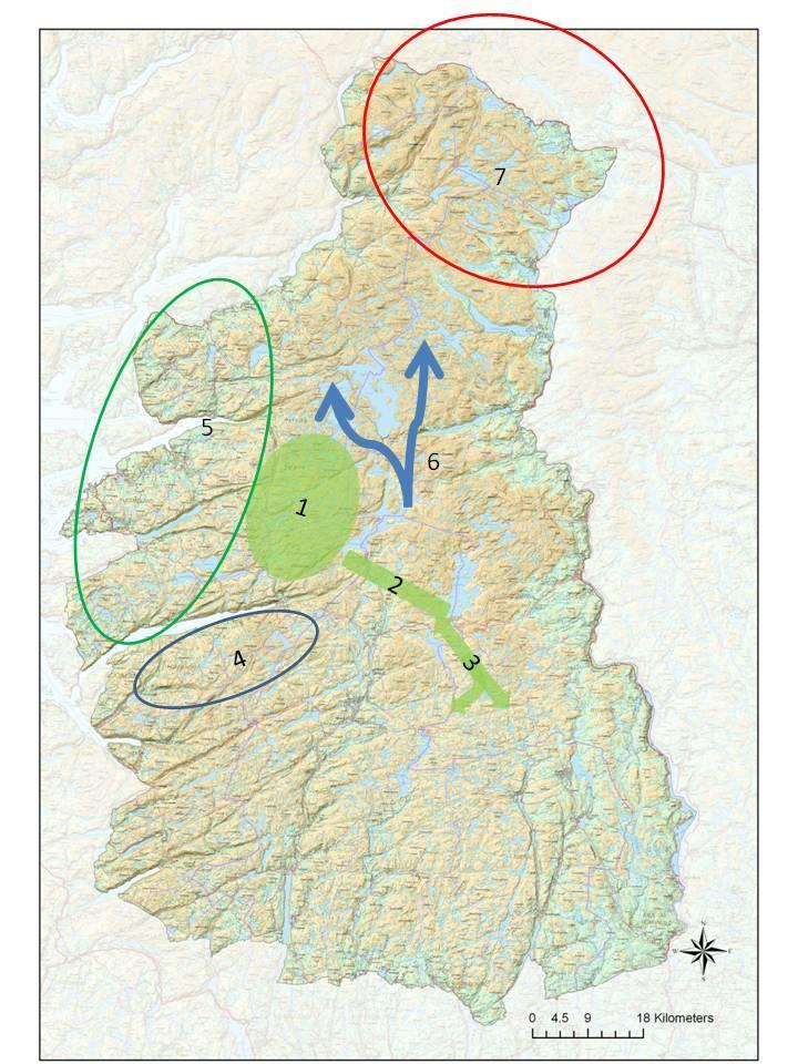 Endringer i arealbruk i SR En deling og østlig forskyvning av kjerneområdet (1) Redusert bruk av områdene lengst vest (4 og 5) Redusert bruk av de sydligste vinterbeitene (3) Mer eller mindre