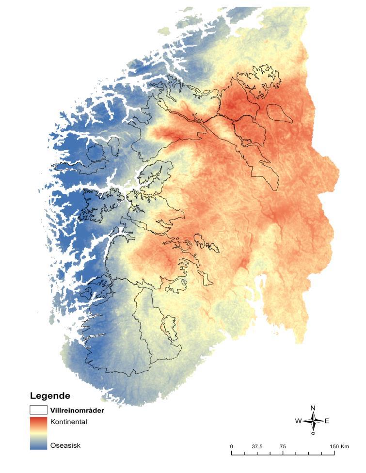 Områdenes særpreg; Klima og miljøgradienter Kart over sør Norge med en skalert gradient fra Oseanisk prega kystfjell til kontinentale innlandsområder.