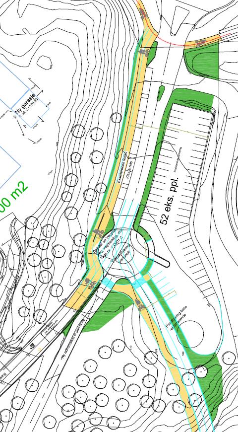 Figur 11: Planlagt situasjon etter tiltak. Kilde: LMR Arkitektur. Det planlegges å anlegge gangfelt over den nye kjøreveien mot Gravlunden og over atkomstveien til ansattparkeringen.