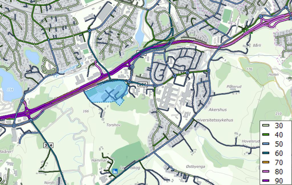 Figur 3 - Fartsgrenser i området. Planområdet er markert med blått (Kilde: NVDB). 2.1.3 Atkomst Atkomst til skolen med bil skjer fra Sykehusveien.