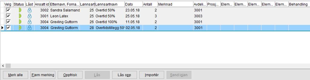 For å importere alle timer klikk Merk alle og deretter Lås. Registreringen i Visma.net Calendar låses, slik at den ikke lenger kan endres av den ansatte.