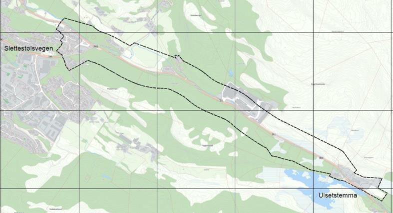 Figur 3.2.1 Varslet plangrense. Hovedmålsettingen med reguleringsplanen er å etablere et trafikksikkert og attraktivt tilbud for fotgjengere og syklister.