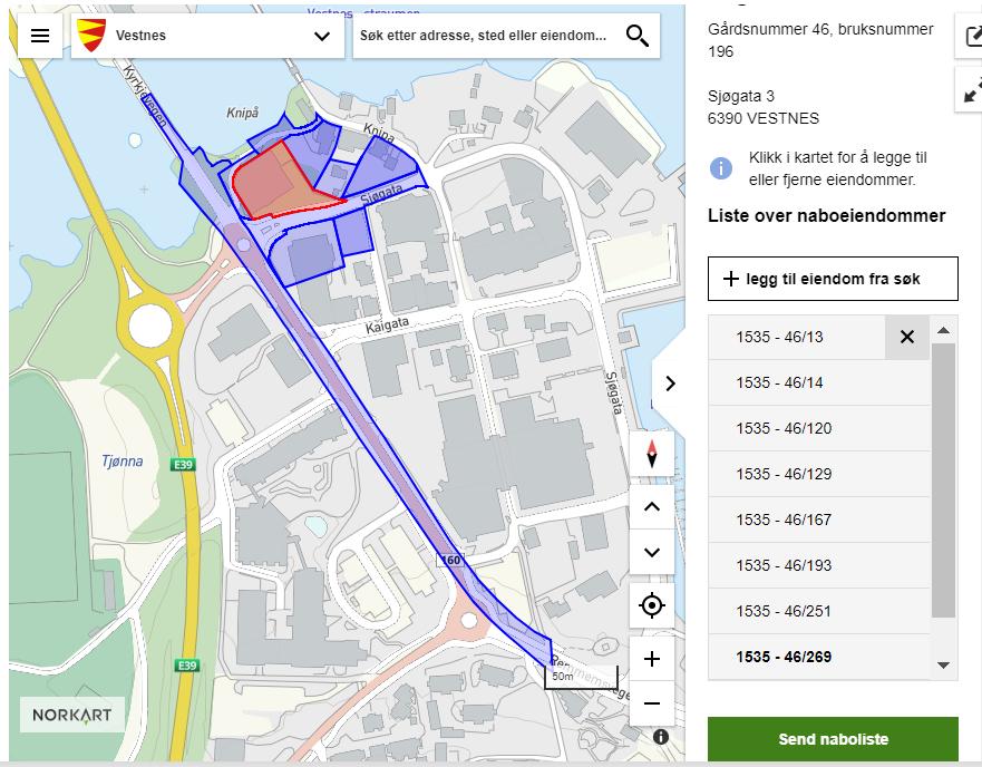 I nedre del av bildet klikker du på grønn knapp Send naboliste, og får opp denne