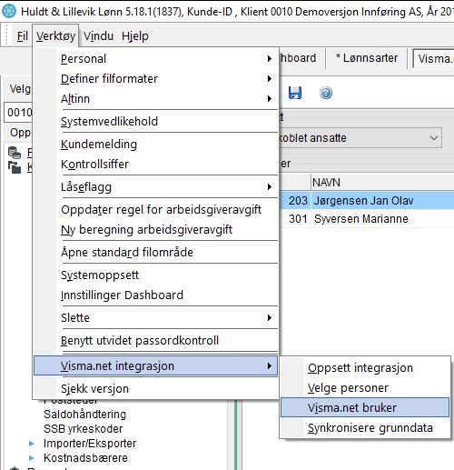 Velg deretter Verktøy Visma.net integrasjon Visma.