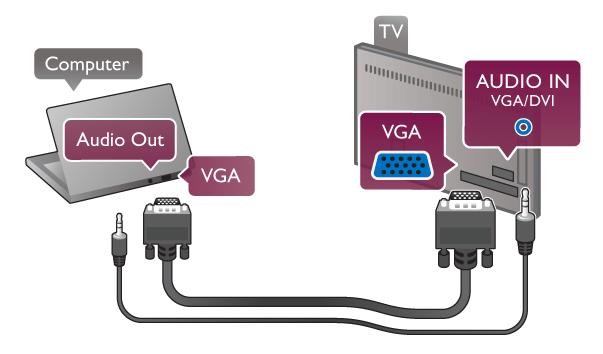 Med VGA Bruk en VGA-kabel til å koble datamaskinen til VGA-kontakten, og bruk en Audio L/R-kabel til å koble VGA Audio til AUDIO IN VGA/DVI på baksiden av TVen.