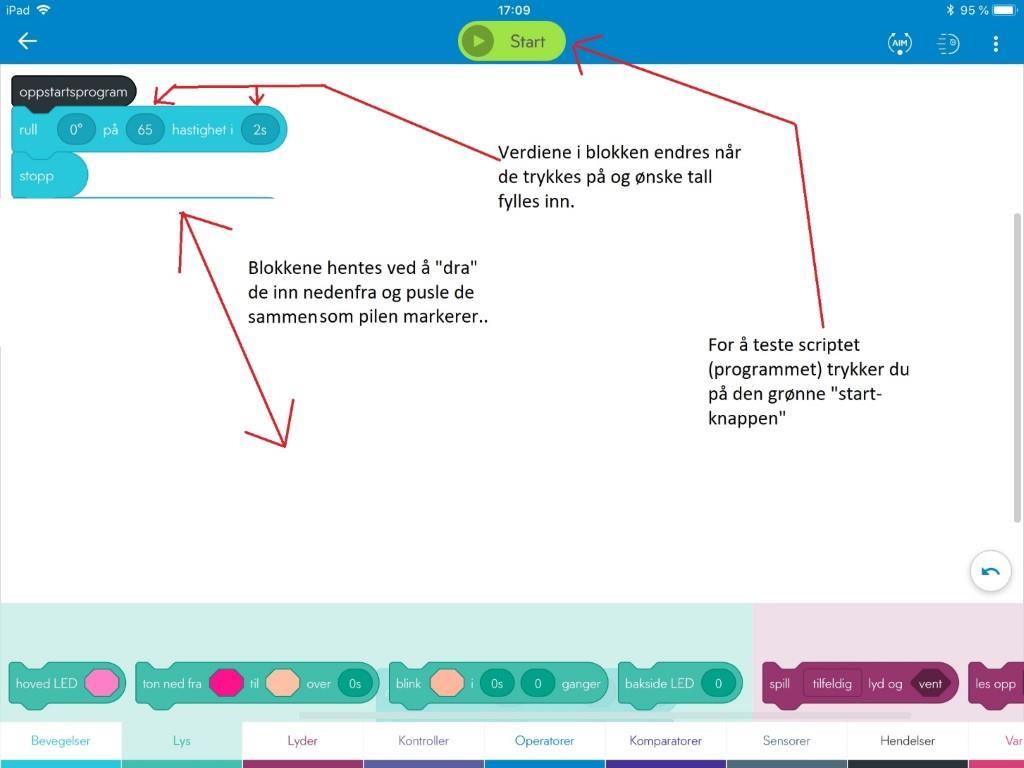 og pusle inn i verkstedets området, velg deretter stopp blokken og sett den sammen med bevegelse blokken (som vist på bildet nedenfor). Skriv inn verdiene i grader, hastighet og tid.