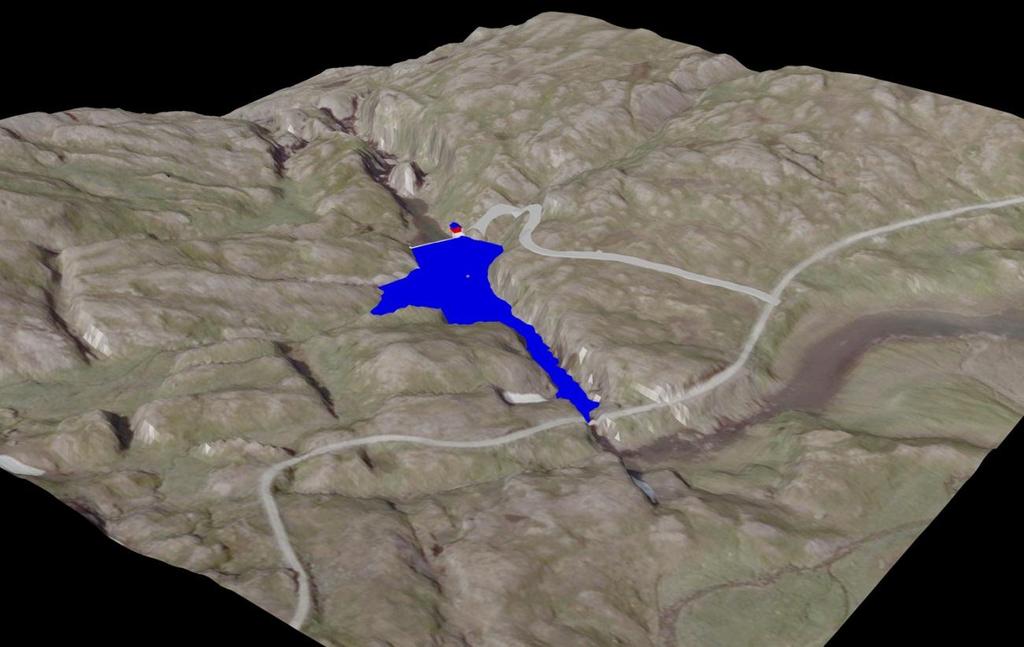 Figur 4: Visualisering av inntaksområdet etter bygging av dammen. 2.2 Vannvei Fra området ved kraftstasjonen etableres det tunnelpåhugg med portalbygg. Herfra drives det ca.