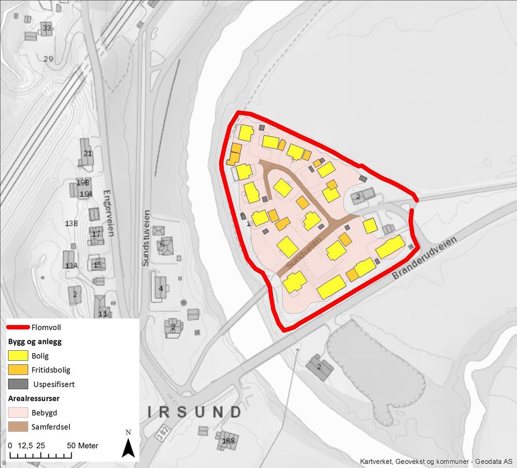 Leirsund flomverk (VV8034, 9010), Skedsmo kommune Faktadel Figur 5: Analyseområdet for samfunnsverdier ved Leirsund med arealbruk og bygningsformål.