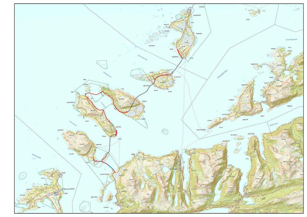 Lepsøybrua, 800m lang høybru Laukebrua,110m lang bru Hamnaskjersundbrua, 200m lang bru Haramsfjordtunnelen,lengde 3500m