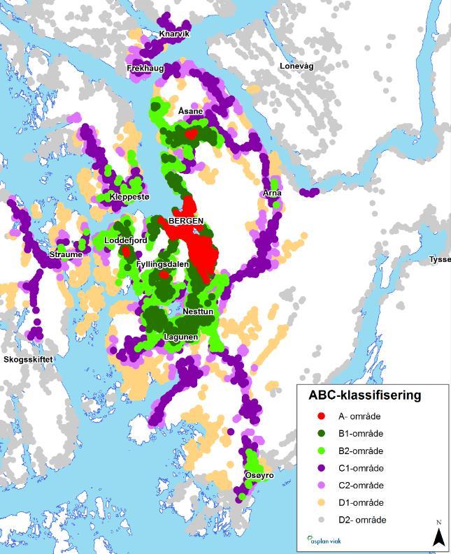 Figur 3-8: ABC-klassifisering basert på kollektivtilgjengelighet (Kilde: Regional og transportplan for Bergensområdet). 3.4.3. Sentrenes kollektivtilgjengelighet Kvaliteten på kollektivtilbudet kan vurderes på ulik måte for ulike arealformål.