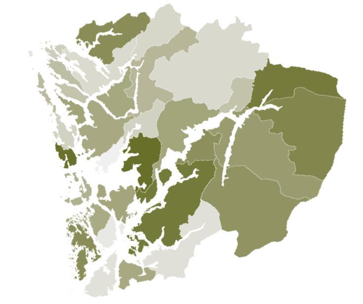 KOMMUNEFORDELT EKSPORT Figur 6: Total eksport i Hordaland i 2017 fordelt på kommuner.