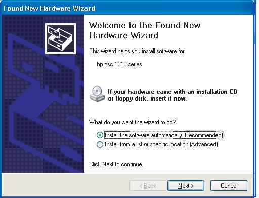 Feilsøking USB www.hp.com/support Problem: (Windows) Microsoft-skjermbildet Legg til maskinvare vises. Handling: Avbryt alle skjermbilder.