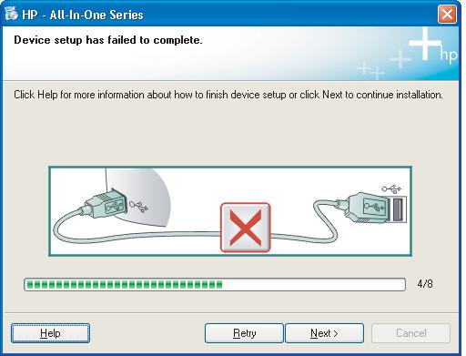 Ta ut og sett deretter inn igjen den grønne HP All-in-One-CDen. Se del A. Problem: (Bare Windows) Skjermbildet Device Setup Has Failed To Complete (Enhetsinstallasjonen ble ikke fullført) vises.