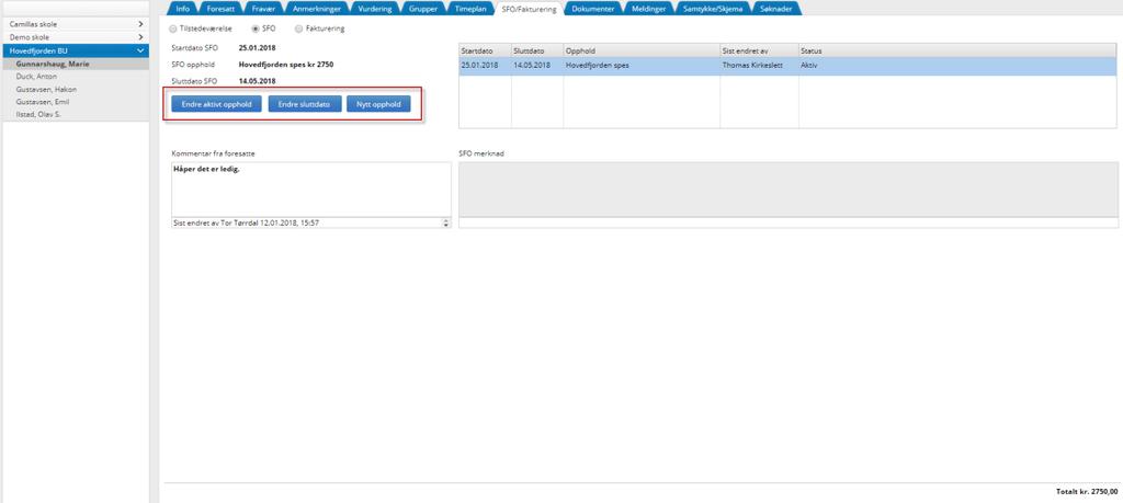 SFO/Fakturering Under fanen SFO/fakturering kan foresatte få oversikt over hvilket tilbud eleven er oppført på i det gjeldende skoleåret.