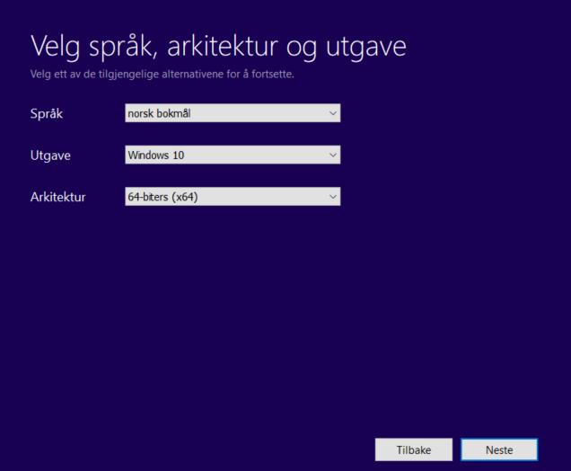 - Deretter spør den om hvilke språk, arkitektur og utgave du vil ha. Da passer du på at ønskelig språk er valgt, og at «64-biters (x64)» er valgt for Arkitektur.