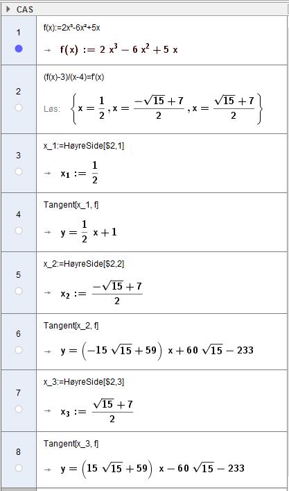 c Stigningstllet til tngenten er gitt ved y 3 f( ) f( ) 3 f ( ) = = = 4 4 Ved å løse denne likningen kn vi finne -koordinten til