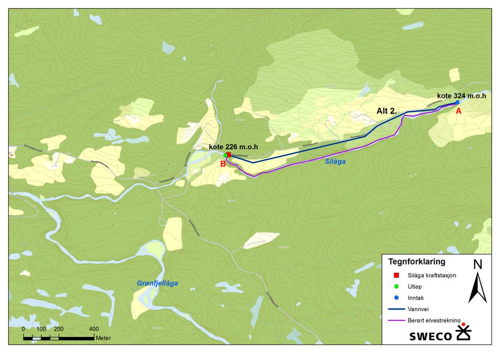 44 3.1.2 Konsekvenser for vannføringsforhold (Alternativ 2) Vannføringen vil som en følge av tiltaket bli redusert over en strekning i Silåga på ca. 1,3 km.