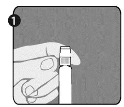 Trinn 1: Med den ene hånden holder du sprøyten (E) med lokket pekende oppover. Sørg for å holde sprøyten i den hvite holderingen (D) med riller.
