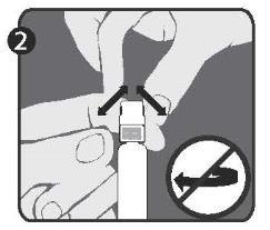 Trinn 3: Løft opp for å fjerne lokket (A) og det påmonterte grå tupplokket (B). Vær forsiktig slik at du ikke berører den sterile sprøytetuppen (C).