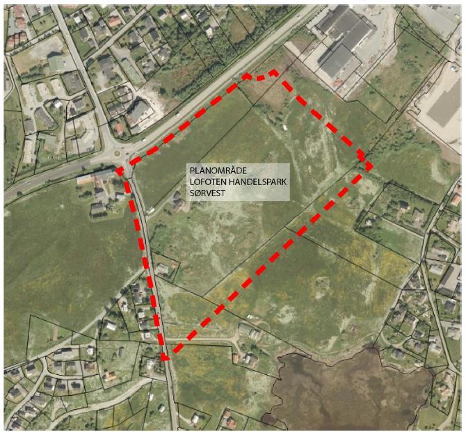 grunneier Leknessletta AS. Prosjektet er gitt det foreløpige navnet Lofoten Handelspark Sørvest. Arealet (foreløpig ca 84 daa) framgår av figur 1.