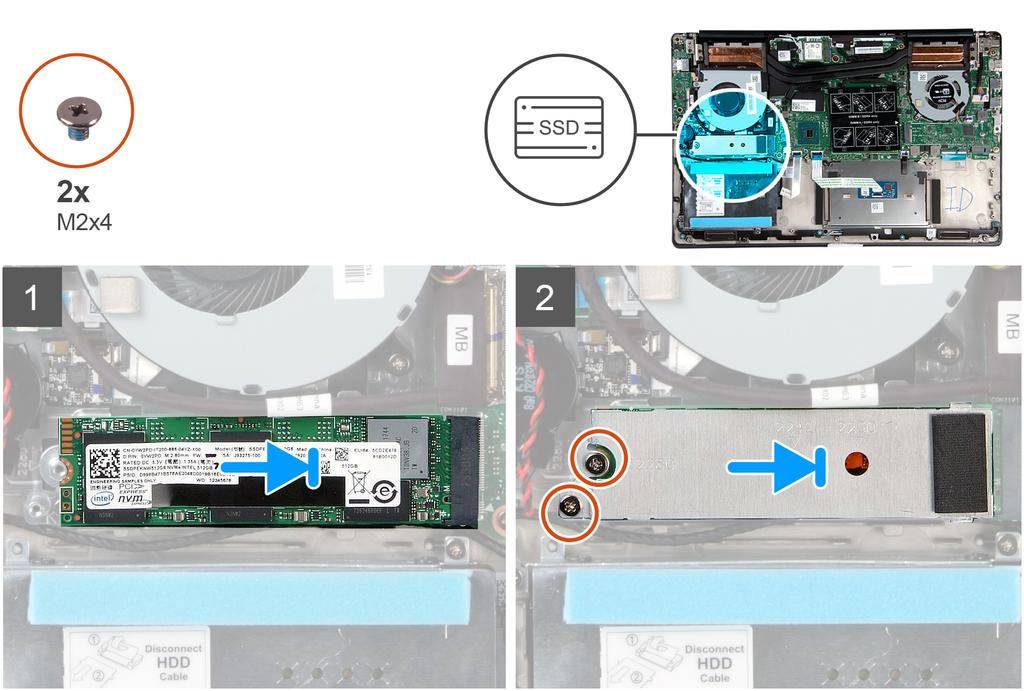 2 Juster hakket på SSD-diskmodulen etter tappen på SSD-disksporet. 3 Skyv SSD-diskmodulen bestemt i vinkel inn i SSD-disksporet.