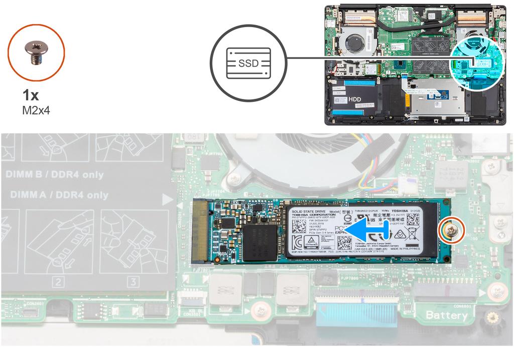 1 Juster hakket på SSD-diskmodulen etter tappen på SSD-disksporet. 2 Skyv SSD-diskmodulen bestemt i vinkel inn i SSD-disksporet. 3 Fest (M2x4)-skruen som fester SSD-diskmodulen til hovedkortet.