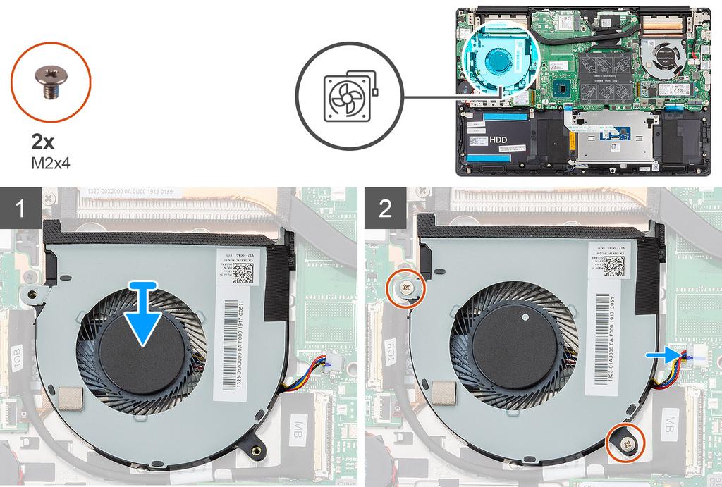 1 Skyv og sett GPU-viften på håndleddstøtten og tastaturenheten. 2 Juster skruehullene på GPU-viften etter skruehullene på håndleddstøtten og tastaturenheten.