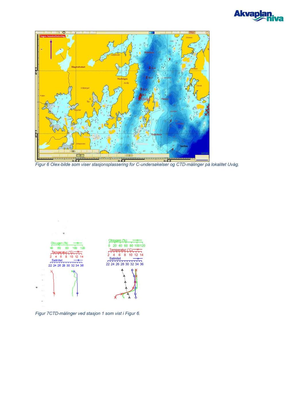 Figur 6 Olex - bilde som viser stasjonsplassering for C - undersøkelser og CTD - målinger på lokalitet Uvåg.
