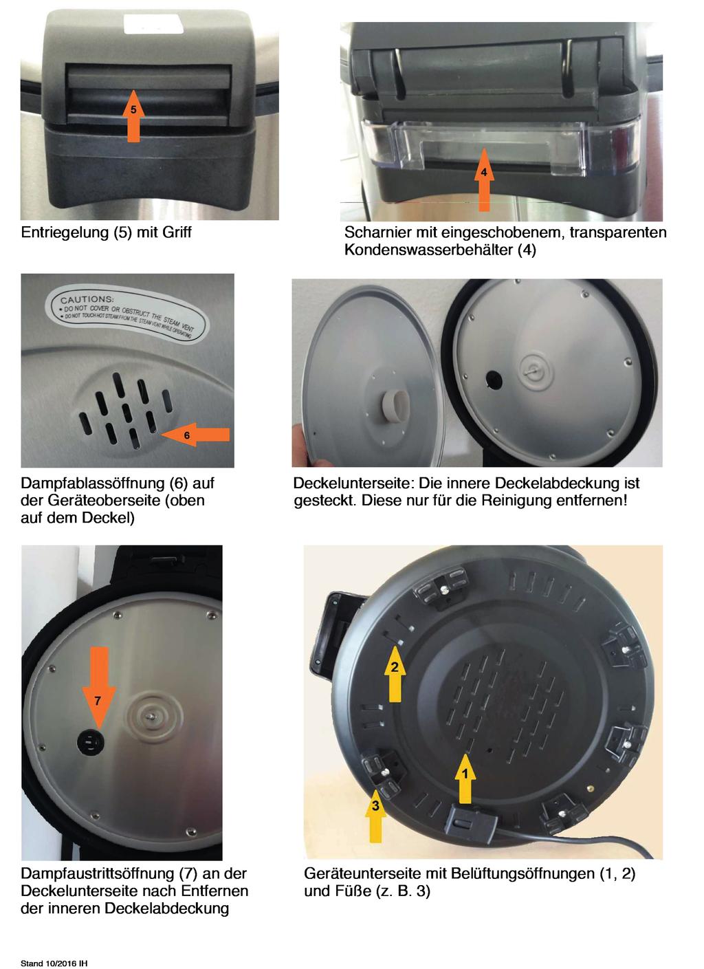 TEILEÜBERSICHT Entriegelung (5) mit Griff Lås opp enhet (5) med håndtaket Dampfablassöffnung (6) auf der Geräteoberseite (oben auf dem Deckel) Damputtak (6) på toppen av apparatet (på lokket)
