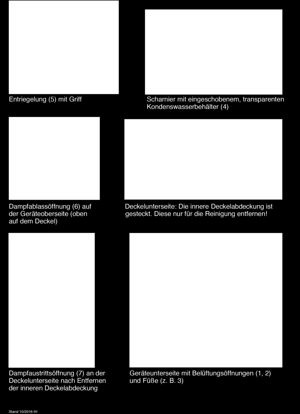 eingeschobenem, transparenten Kondenswasserbehälter (4). Hengsel med innsatt gjennomsiktig kondens vannbeholder (4). Deckelunterseite: Die innere Deckelabdeckung ist gesteckt.