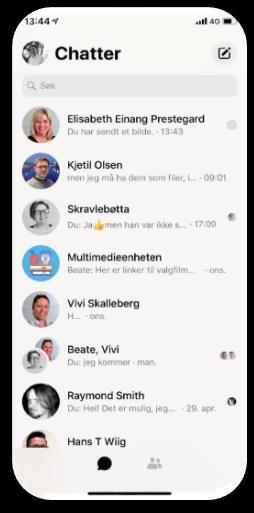 telefonen din. Bruker du appen, starter du en chat ved å klokke på pen-og papirsymbolet øverst til høyre. Velg personen du ønsker å prate med fra lista over kollegaer.