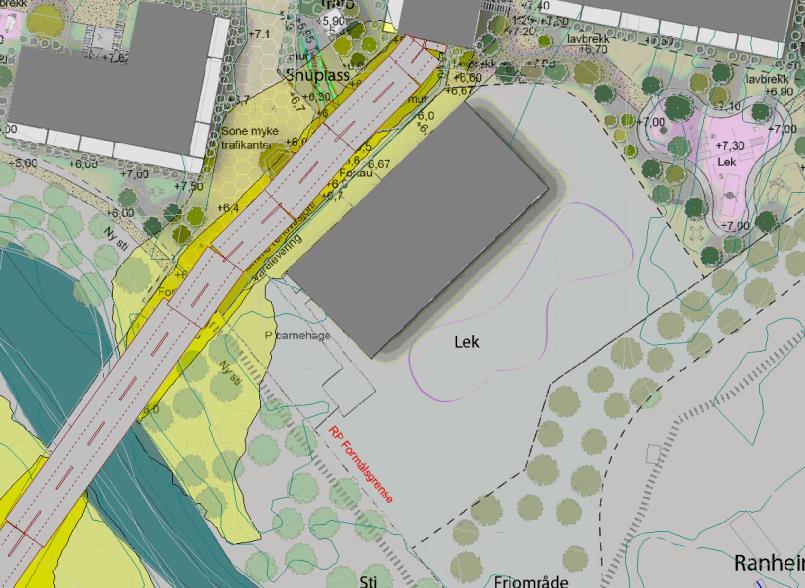 Figur 9 - Beregnet støynivå på uteareal i brukstid for barnehagen, L d, for veitrafikk ved barnehage. Beregningshøyde 1,5 m over terreng.