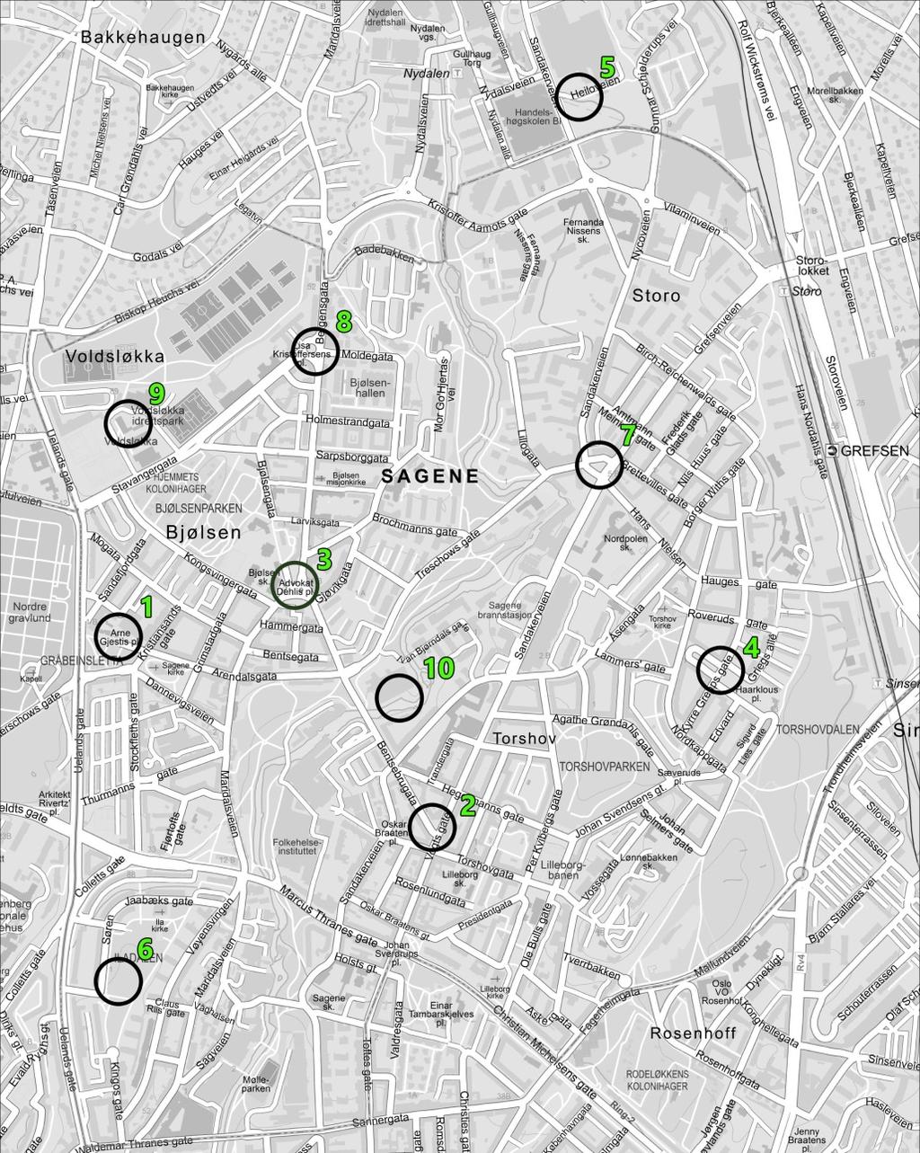 tiltakene som er nødvendig for å utvikle arealet til grøntområde, torg eller møteplass. Stedene er delt inn i pågående eller foreslåtte prosesser og pågående eller vedtatte reguleringssaker. Figur 1.