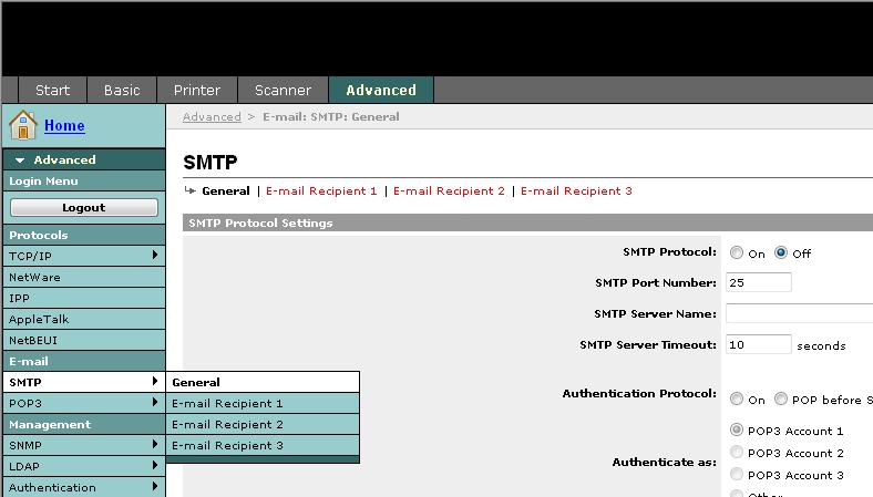 Klargjøring for bruk E-postinnstilling Ved å angi bestemte SMTP-innstillinger kan du sende bilder som er skannet med denne maskinen, som e- postvedlegg.