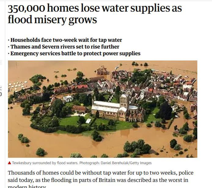 Erfaringer fra Glouchestershire, England 2007 Vannverk oversvømmet, avbrudd i 17 dager Flaskevann Tesco drev utdeling av 2 millioner liter per dag 1400
