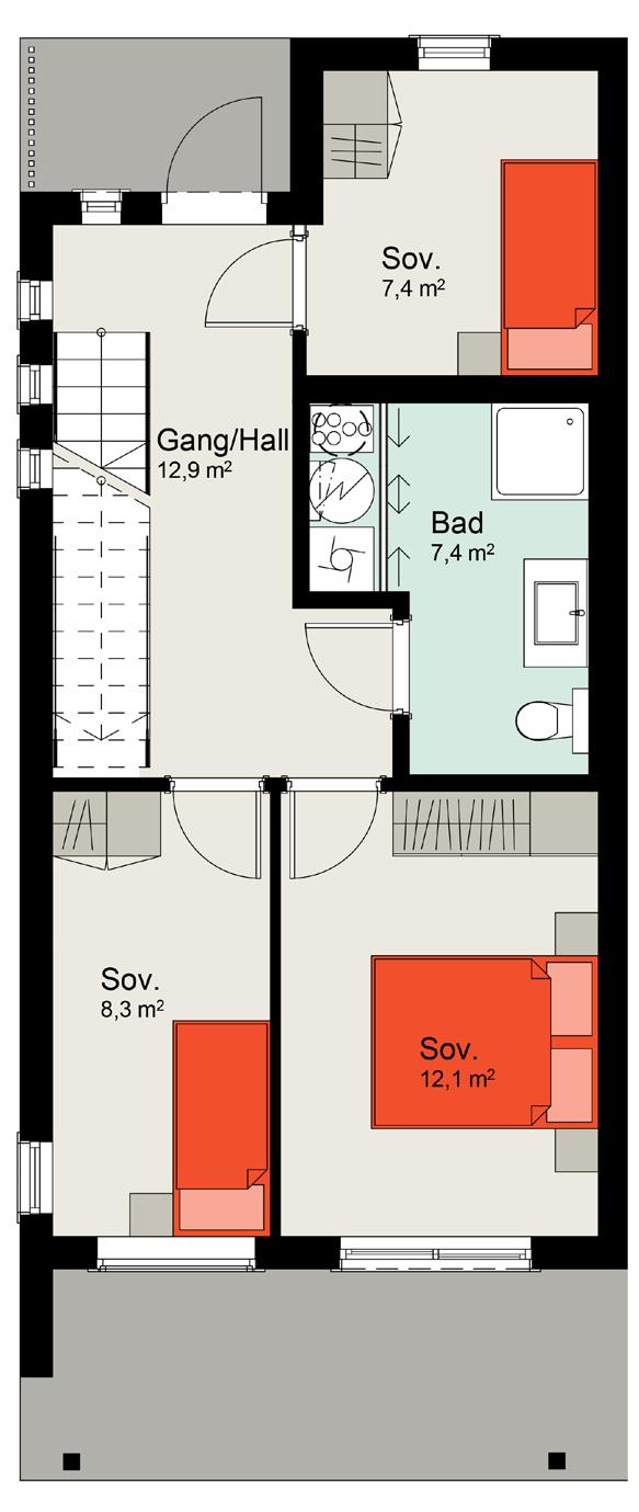 Etasjen har tre soverom et romslig bad/ vaskerom, om det ikke er behov for 3 soverom i boligen