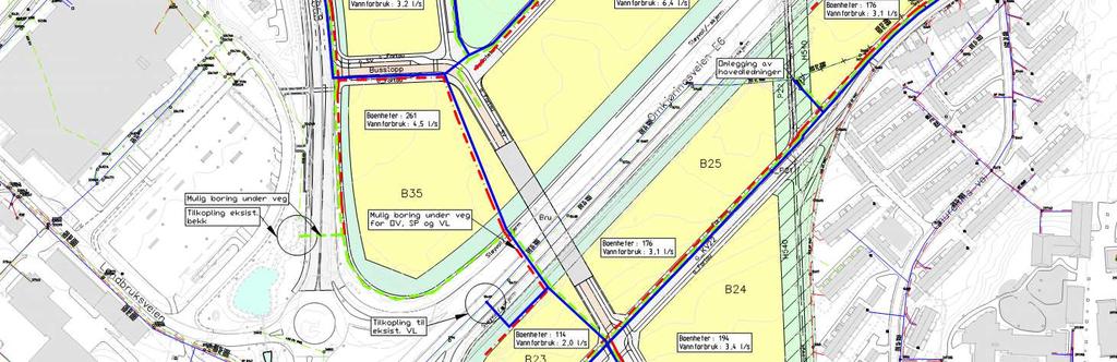 Delområde B33, B34 og deler av B32 tilkoples AF600 på utlagt ledning i nord like ved FV706. Beregning av spillvannsmengder er vist i tabell 2.