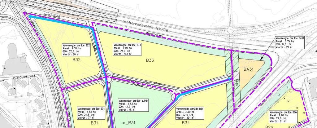 8/14 VANN- OG AVLØPSLØSNINGER Delområde B12 ligger delvis i kupert terreng, derfor er det usikkert hvor mye overvann som kan fordrøyes fra dette området.