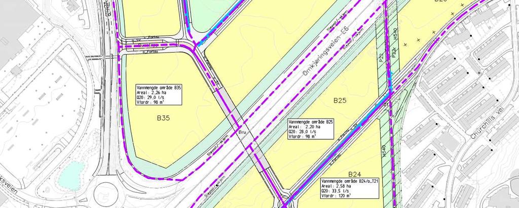 Den regulerte overvansmengden fra dette området ledes også inn på omlagt DN600 overvannsledning.