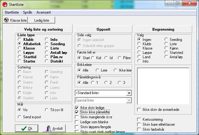 disse opp på løpet. Menyvalg: Start -> Skriv startlister. Hukk av som vist. Ok Skriv ut startlistene.