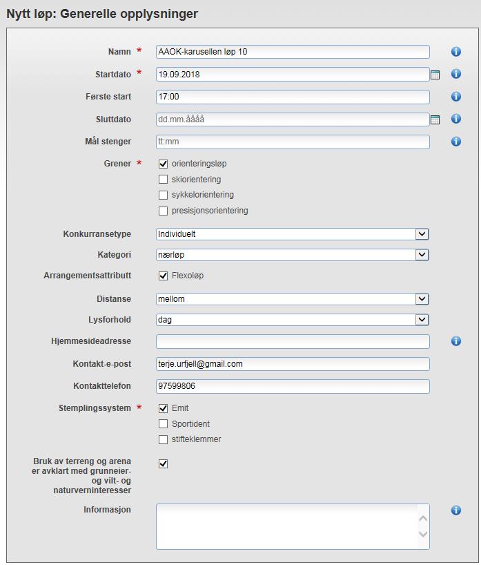 Under «Arrangører og funksjonærer» legger du inn navn på løpsleder, løypelegger og kontaktperson.