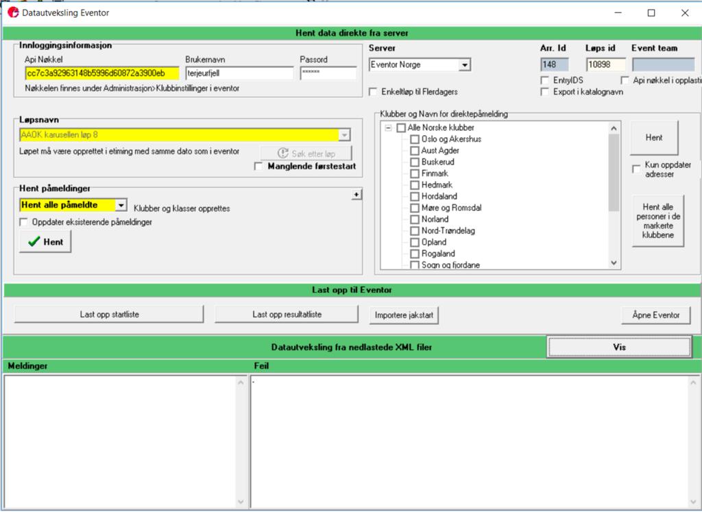 Legg (kopier) inn klubbens API-nøkkel og din Eventor bruker-id og passord. Du må ha administratorrettigheter for klubben i Eventor.