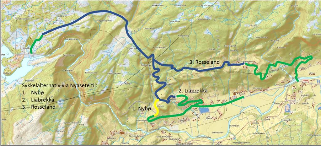 Gåande og syklande mellom Kvamsskogen og Steinsdalen Alternativ 3: Grøn trasé visar eksisterande