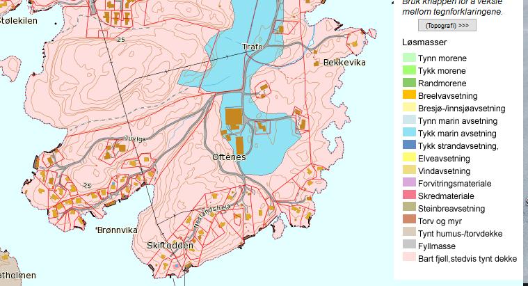 Berggrunnen består av diorittisk til granittisk gneis i den østre delen og amfibolitt, honrblendegneis og glimmergneis i vest.