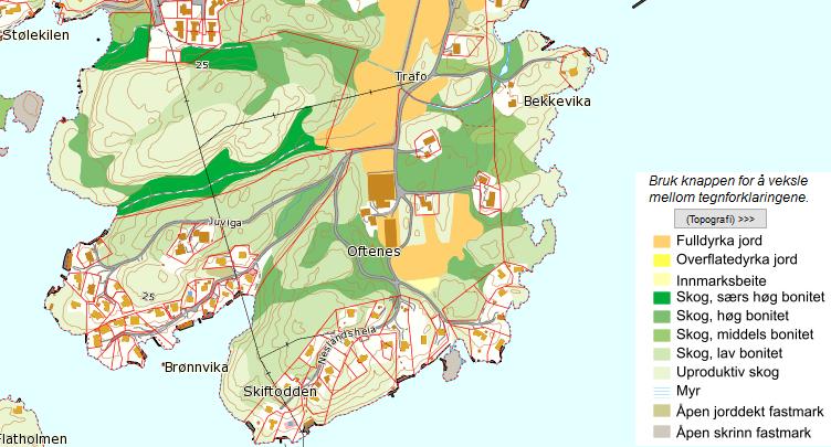 4.2 Bonitet og vegetasjon De oransje områdene innenfor planområdet er dyrka mark. Skogområdet i nordøst er lauvskog av høy bonitet. Dette gjelder også skogområdene lenger mot vest.