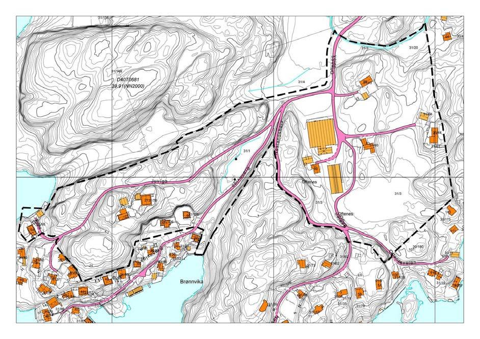 4.3 Eksisterende anlegg i undersøkelsesområdet Innenfor planområdet er det eksisterende bebyggelse, interne veger og landbruksbygg. Over: Eksisterende anlegg i planområdet. 4.