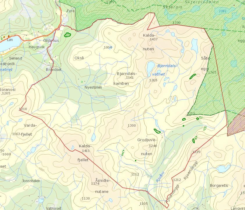 Figur 2. Prioriterte naturtyper (grønt i horisontale striper) i og i umiddelbar nærhet til Mjølfjell og Brandset SØF.