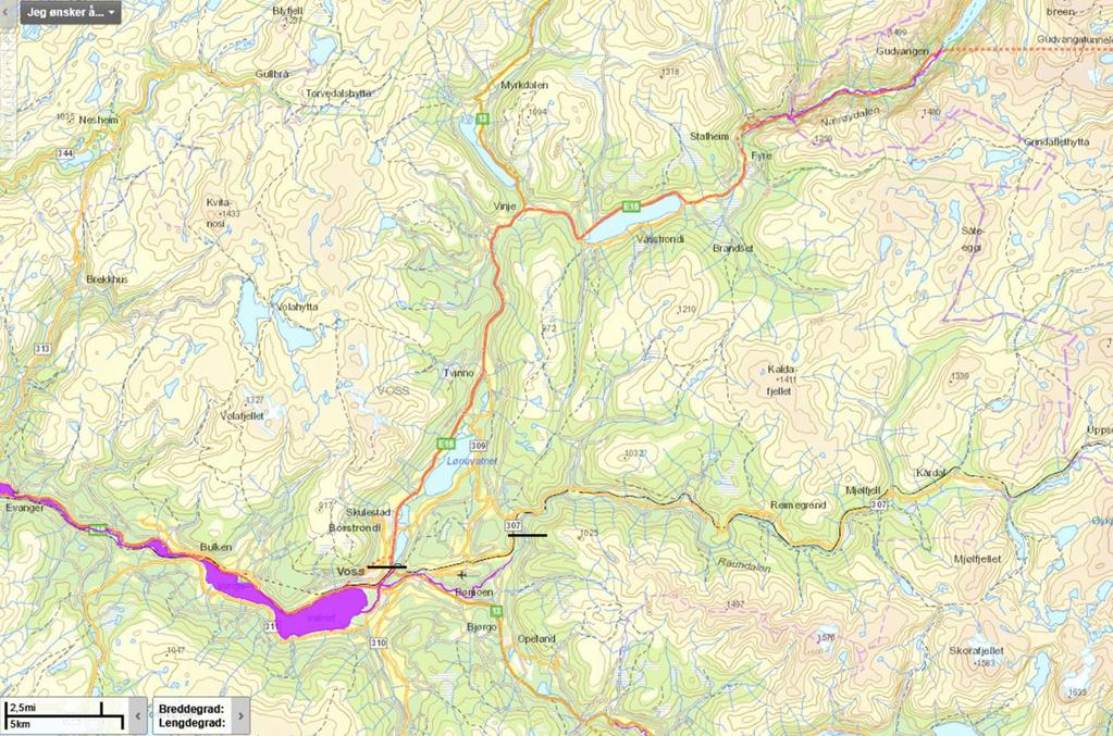 Figur 3. Lakseførende strekninger i Vossovassdragets nordre deler (lilla farge).